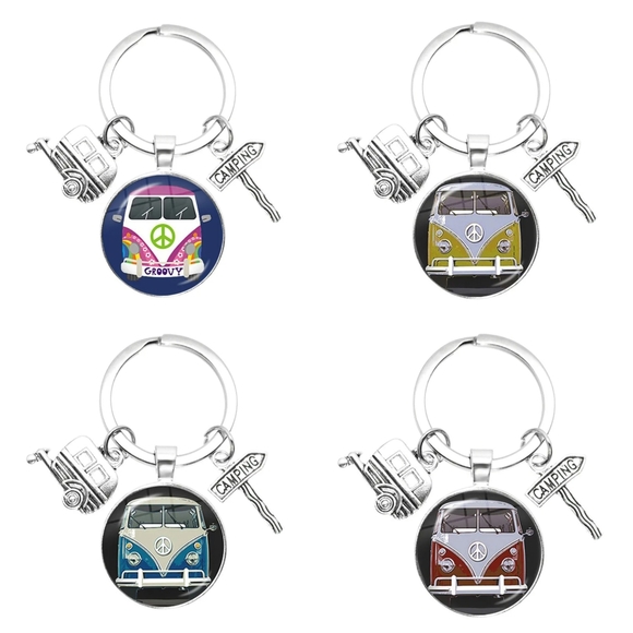 Keychain Retro Van Light Blue Volkswagen Bus Peace Sign - Picture 7 of 9